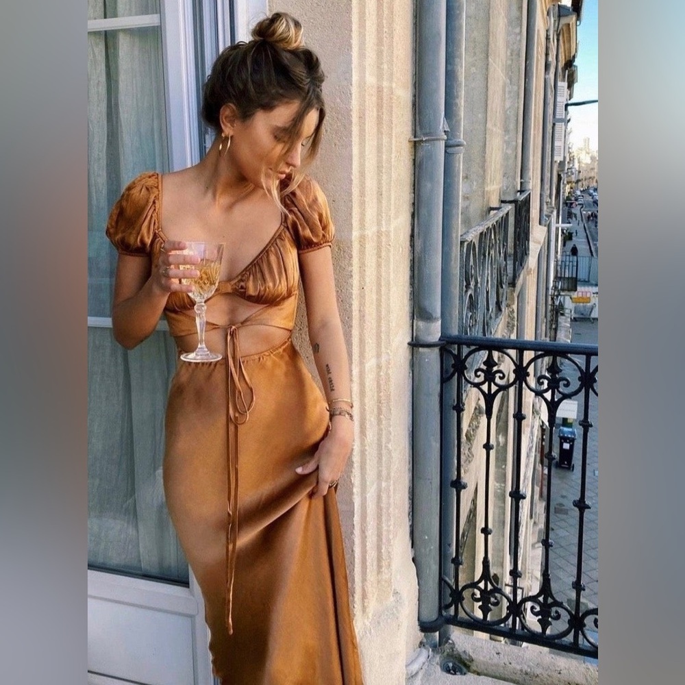 verge girl au revoir dress brown tan maxi satin dress